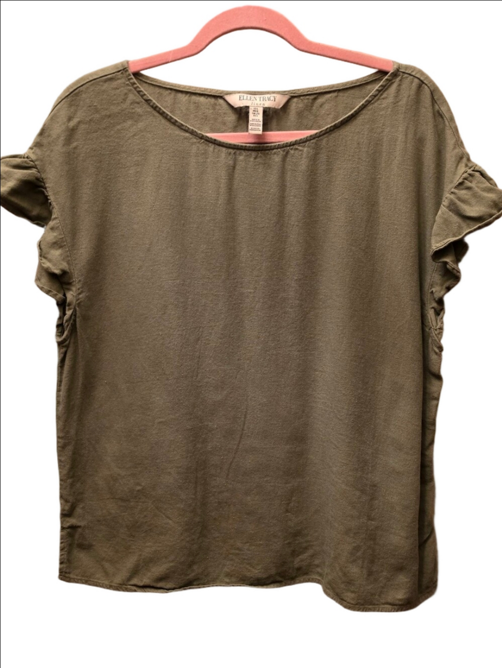 Ellen Tracy Linen Olive Green Ruffle Sleeve Blouse Top L Coastal Boho
